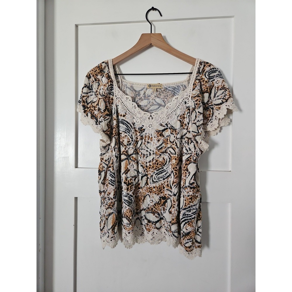 Democracy Boho Paisley Embroidered Top Large Crochet Trim Boho Fairycore